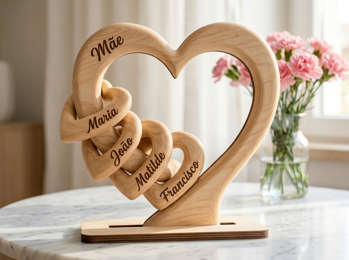 Placa Coração em madeira personalizada com nomes da família